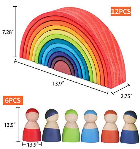 VIGEIYA 18Pcs Wooden Rainbow Stacking Toy Color Sorting Toys Large Stacker Building Blocks for Kids Toddlers (Large) - Thumbnail 3