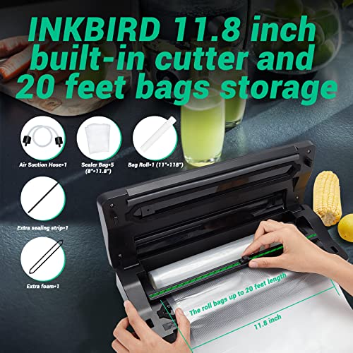 Food Sealer Vacuum Sealer Machine 10-In-1 With Full Starter Kit Built-In Cutter And Bag Storage(Up To 20Ft), Inkbird Moist/Dry/Pulse/Canister/Seal Food Vacuum Sealer Machine With Sealer Bag*5 (8"*11.8") And Bag Roll*1 (11"*118"), Sealing Strip & Foam Gasket, -85Kpa, Noise <65Db #TOP1