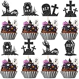 Rsstarxi 30 Pack Halloween Tombstone Cupcake Toppers Glitter RIP Spooky Zombie Graveyard Cupcake Food Picks Decoration for Halloween Horror Birthday Party Cake Decorations