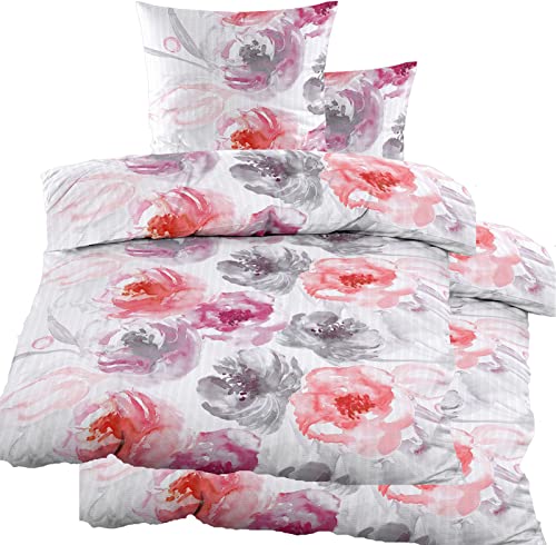 4 pièces - Parure de lit en seersucker infroissable - En microfibre - 2 x 135 x 200 cm + 80 x 80 cm - Motif fleurs multicolores - Infroissable - Blanc Cover