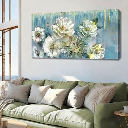 Ardemy Floral Canvas Wall Art Large Magnolia White Flowers Pictures Wall Decor Teal Textured Paintings Modern Turquoise Artwork for Living Room Bedroom Dinning Room Home Office, 48"x24" 48"L