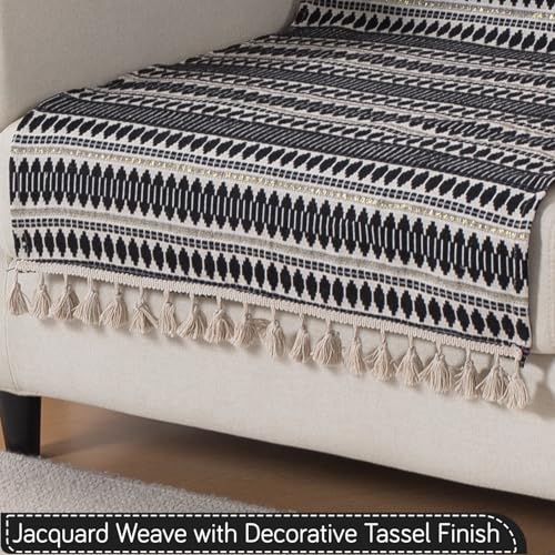 Image of HOKIPO 'Artisan Boho Series' 450 GSM Sofa Cover with Tassels | Multicolor Cotton Acrylic Jacquard Slipcover for 1 Seater Sofa, Size 152x60 cm, Charcoal Black (IN-907-A3)