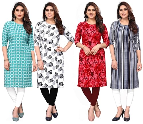 Image of JAKHANA Women's Crepe Printed Casual Straight Calf Length Round Nick Kurta Pack of 4