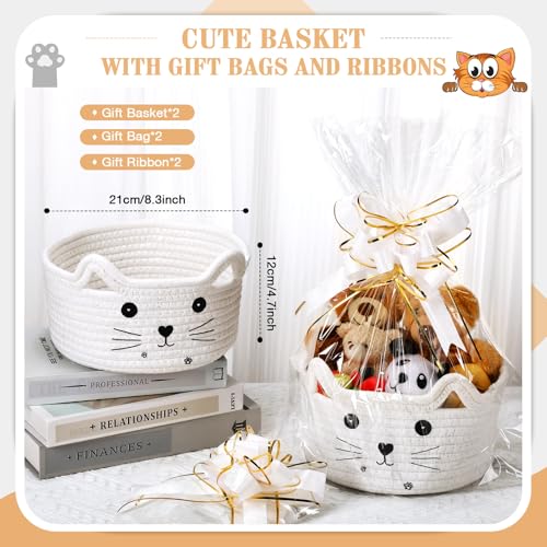 Image of Zopeal 2 Pack Small Cat Woven Basket with Gift Bag and Ribbon, Empty Decorative Gift Basket, Toy Cotton Rope Storage Organizer for Nursery Baby Shower Birthday 8.3 x 4.7 Inch(White)