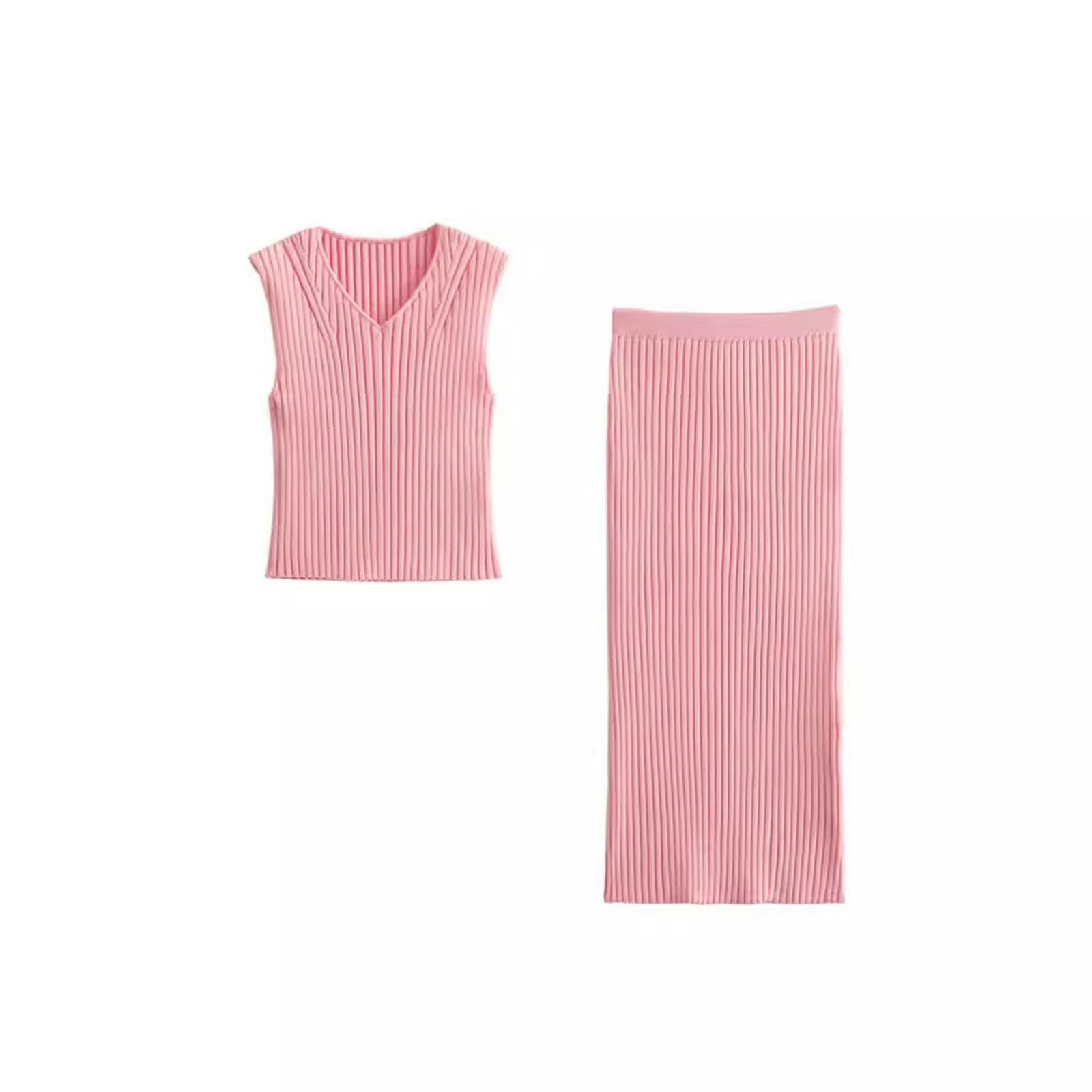 Falda Midi de canalé con Top de Punto asimétrico y Cuello en V sin Mangas para Mujer - Tops - S