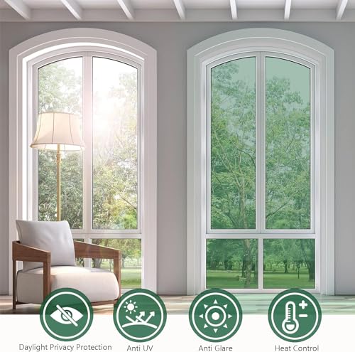Image of CREON One Way Window Film, Privacy Window, UV Blocking, Non-Adhesive Static Cling Heat Control Reflective Glass Film for Home and Office 20x75 (Inch), Slvr-Green