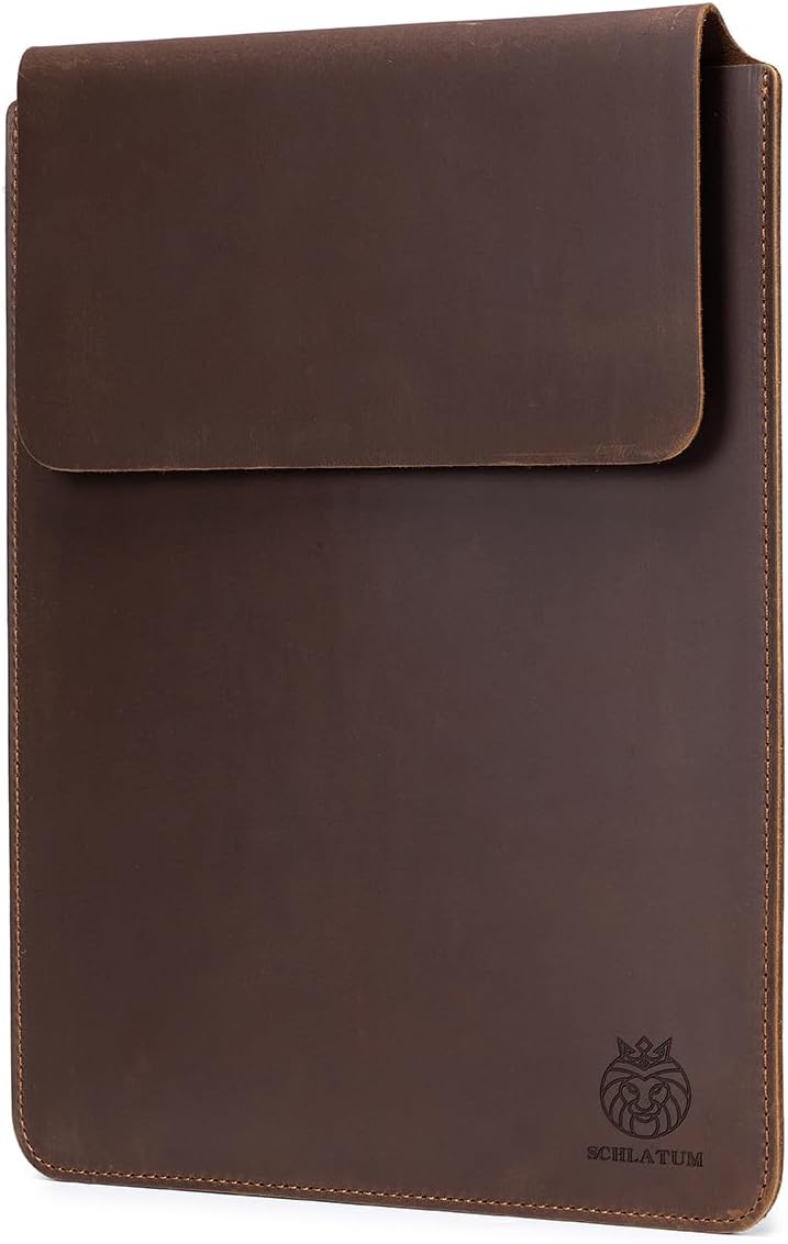 15/16 Inch Laptop Sleeve Genuine Leather Slim Soft Solid Lightweight Tablet Cover with Flap Closure, Brown