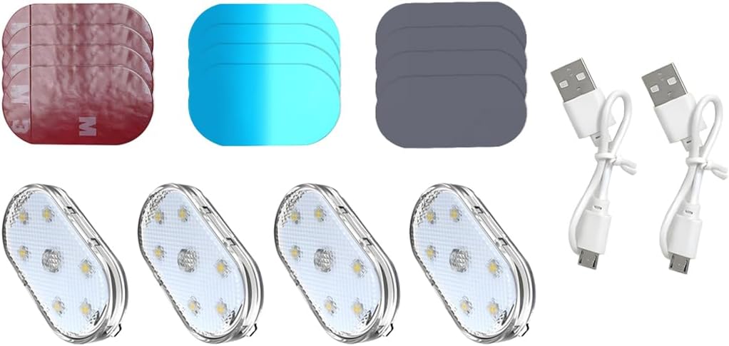 4PCS Car Interior Wireless Led Lights, 6 Bright LED Lamp Beads Magnetic Vehicle Ambient Light, Portable Touch USB Rechargeable Automotive Night Lighting Accessories, Universal Fit (White)