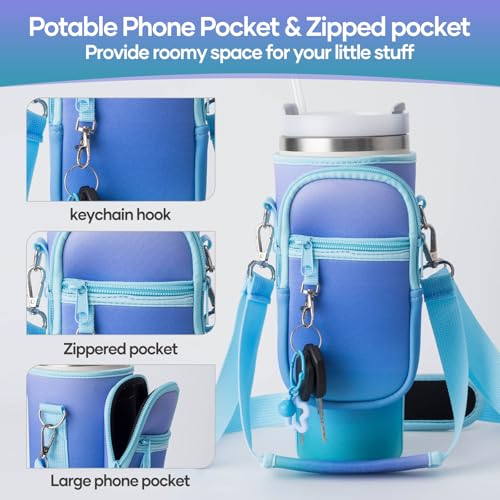 Image of linmaya Water Bottle Carrier Bag with Phone Pocket for Stanley Cup 40 /30oz,Insulated Neoprene Water Bottle Holder Cross-boday Bag with Adjustable Shoulder & Handheld Strap Stanley Cup Accessories