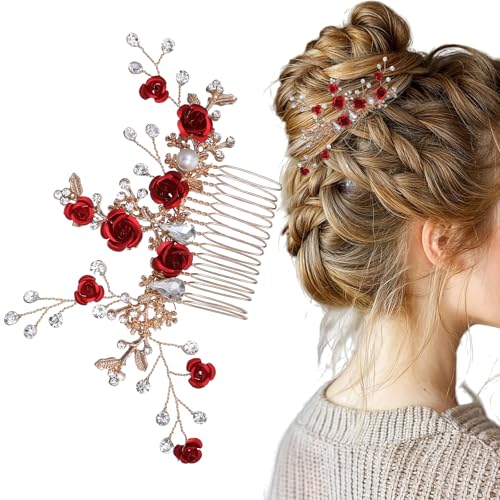MBAIYO Red Flower Hair Comb, Gold Rose Crystal Bridal Hair
