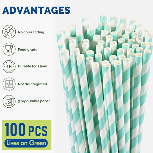 Lives on Green Extra Long Aqua Light Blue Disposable Paper Straws 26cm x 0.6cm for Large Drinks Baby Showers Birthdays - Pack of 100 - Image 3