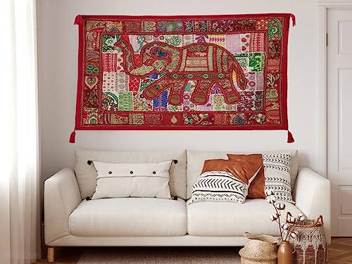 Image of Ekam Art Rajasthani Handmade Heavy Elephant Embroidery Cotton Patchwork Tapestry Cotton Wall Decor Hanging Beaded Tapestries Home Living Room Decor 40 x 60 Inch (Red)