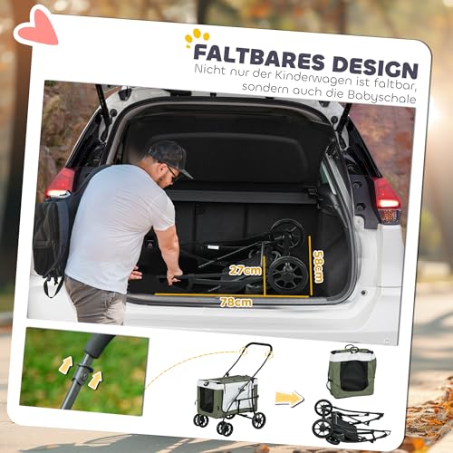 PawHut 2 in 1 Hundewagen Hundebuggy klappbar für Hunde & Katzen bis 10 kg Katzenbuggy mit Kissen Netzfenstern Türen Aufbewahrungskorb Katzenwagen Buggy Dunkelgrün