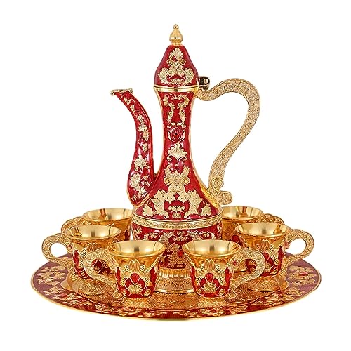 Rockible Turkish Coffee Pot Set, Metal Water Serving Set, Exquisite Craftsmanship with Cups and Tray for Wedding Gift, Ornaments, Red