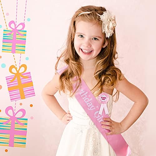 3 Pieces Birthday Badge Strap Birthday Girl Decorations Set Birthday Girl Sash Birthday Girl Tiara and Birthday Girl Award Badge Award Ribbon Badge for Girl Party Supplies (Pink, Rose Gold)