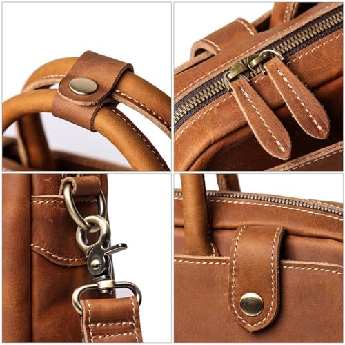 Mens Portable Briefcase Head Layer Cowhide Sinle Shoulder Cross Casual 14 Inch Bag Computer Commuting for Work College Travel(Deep coffee)3