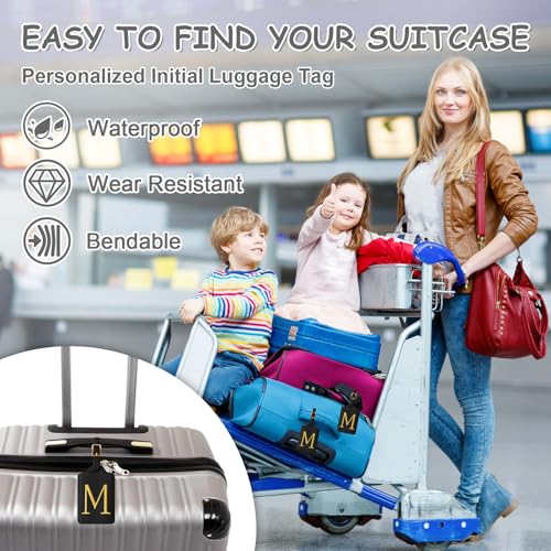 Image of Personalized Initial Luggage Tags for Suitcases, Cute PU Leather Embroidered Letter Travel Luggage Tags, Suitcase Identifier Name Baggage Tag, Bag Tags for Men Women Kids Luggage Handbags(Black M)