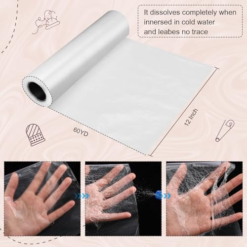 Pushglossy 12 Inch x 60 yd Roll Water Soluble Embroidery Stabilizer Wash Away Stabilizer Backing and Topping, Lightweight Clear, Cut into Various Sizes for Machine and Hand Sewing