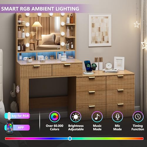 Image of Makeup Vanity Desk with Mirror and Lights, 57 inch Fluted Vanity Dresser Combo & Storage Shelves, Vanity Mirror with Mirror and Lights with 8 Drawers, 3 Color Modes, Dressing Table Set for Girls,Oak