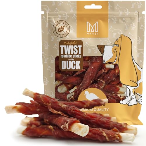 Mersjo Twist - Bastoncini di pelle grezza con carne d'anatra, 500 g, 12-13 cm, senza glutine, spuntino naturale per cani