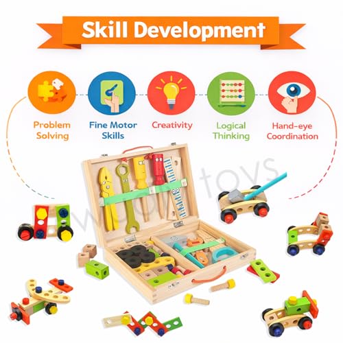 Image of WUDLY Wooden Tool Box Set for Kids | Montessori Construction & Building Toy with Tools, Nuts & Bolts | Pretend Play DIY Kit | Educational Gift for Boys & Girls (3+ Years)