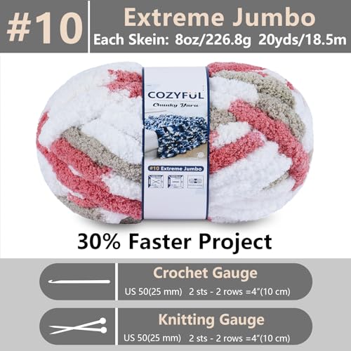 Image of Cozyful Chunky Yarn for Hand Knitting - #10 Chunky Chenille Blanket Yarn, Jumbo Big Thick Chunky Yarns for Crocheting, Tie Dye Bulky Knit Yarns, 8 Skein (20 yds 8 oz Each Skein), Khaki & Rose & White