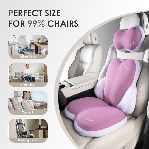 Image of FLORICH 3 PCS Seat Cushion for Carseat Lumbar Support Pillow Car Neck Headrest Pillows Ultrathick Memory Foam Seat Pads Pressure Relief Back Cushion for Office Chair(Purple)
