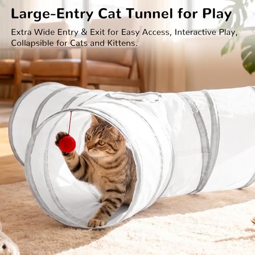 Image of Tempcore Cat Tunnel for Indoor Cats, 3 Way Collapsible Pet Play Tunnel with Teaser Wand, Peek Holes & Hanging Ball, Interactive Tube for Kittens & Rabbits, White & Light Grey
