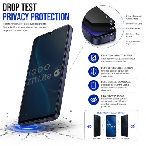 Image of ArmourPro Privacy Tempered Glass for IQOO Z11 Lite - Anti-Spy Anti Peeping Screen Protector, 9H Hardness, Edge-to-Edge Coverage, Ultra Thin, Bubble-Free Installation Kit | Black