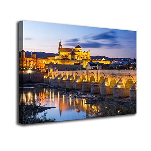 Cuadro lienzo canvas Cordoba Puente Mezquita y Catedral luces al atardecer Andalucia – Varias medidas - Lienzo de tela bastidor de madera de 3 cm - Impresion en alta resolucion (80, 53)