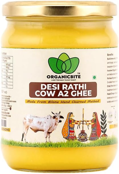 Organicbite A2 Desi Cow Ghee | Bilona Vedic Method | Rathi Cow Grass-Fed | Ayurvedic Curd Churned Ghee | 500ml Glass Jar | Pure & Natural