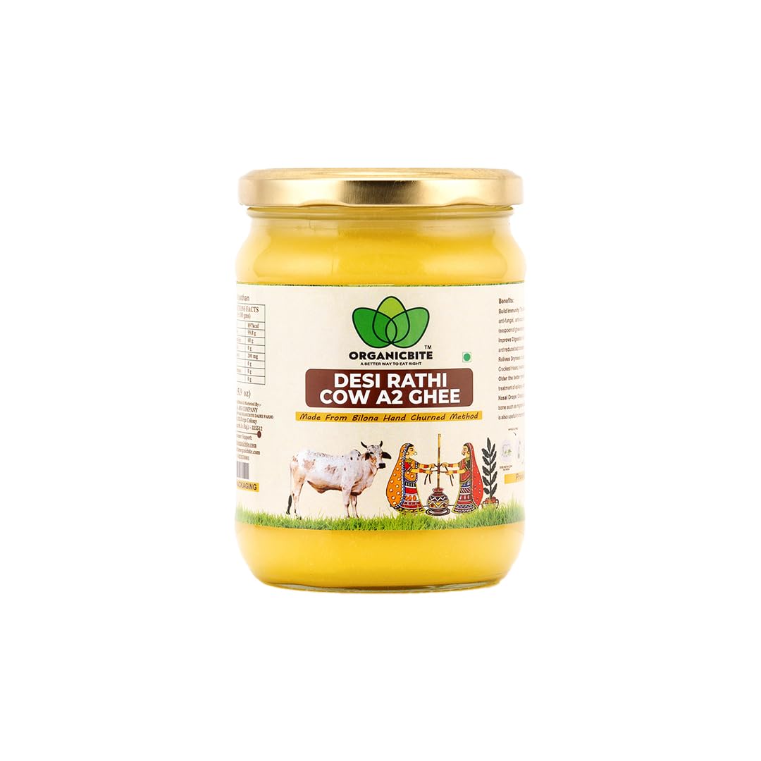 Organicbite A2 Desi Cow Ghee | Bilona Vedic Method | Rathi Cow Grass-Fed | Ayurvedic Curd Churned Ghee | 500ml Glass Jar | Pure & Natural