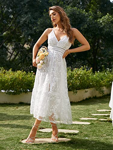 Berrygo Women's Floral Lace Embroidery V Neck Cami Maxi Dress Elegant Beach Wedding Guest Dress White 4-6 #TOP2