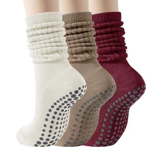 Pilates Socks with Grips for Women, 3 Pairs Long Scrunch Non Slip Yoga Barre Workout Slouch Socks
