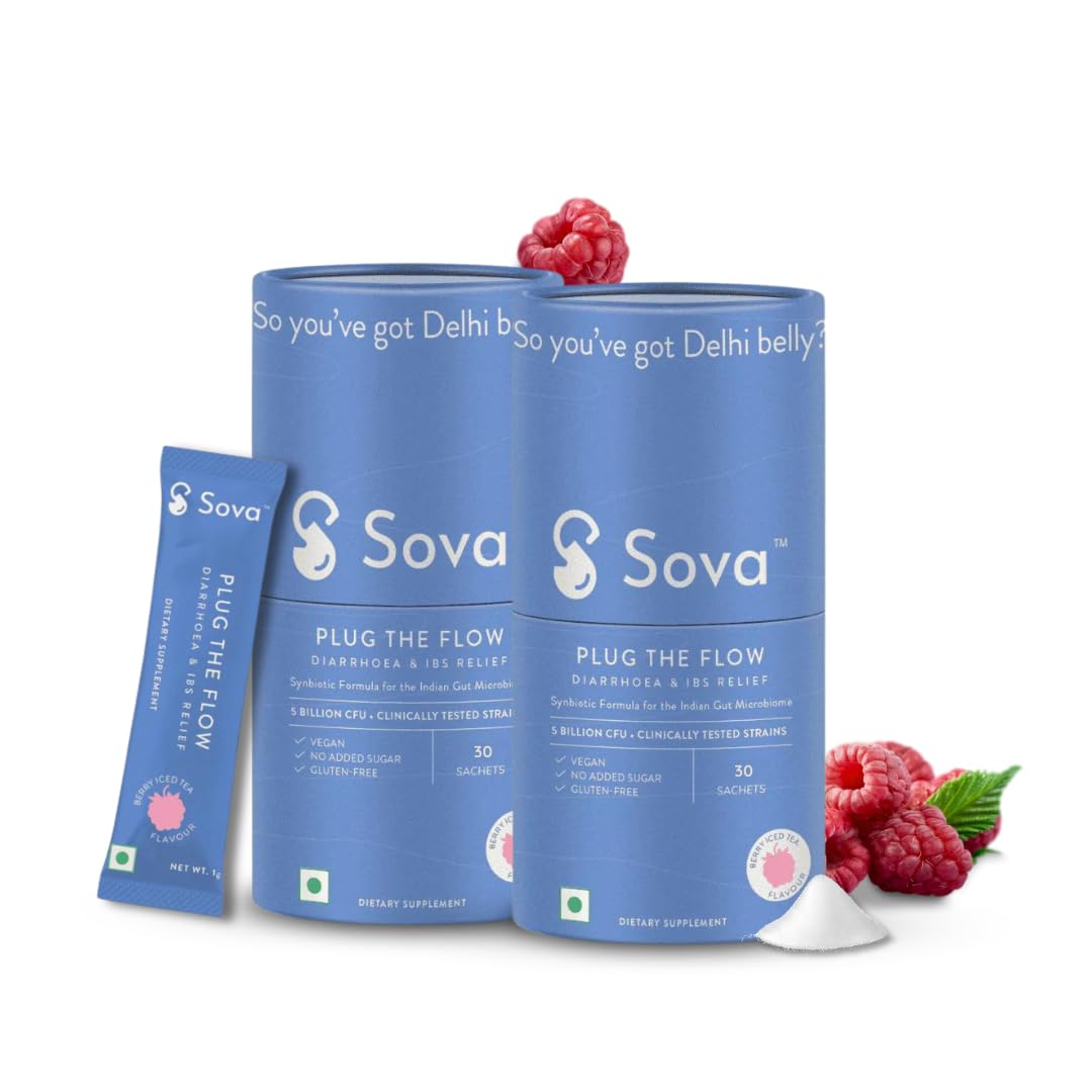Sova Gut Health Supplements for Leaky Gut | IBS Relief | Prevent Loose Stools, Diarrhea, Upset Stomach | Clinically Researched Prebiotics, Probiotics & Digestive Enzymes | 5 Billion CFUs | 60 Vegan Sachets For Men and Women | 2 Month Supply