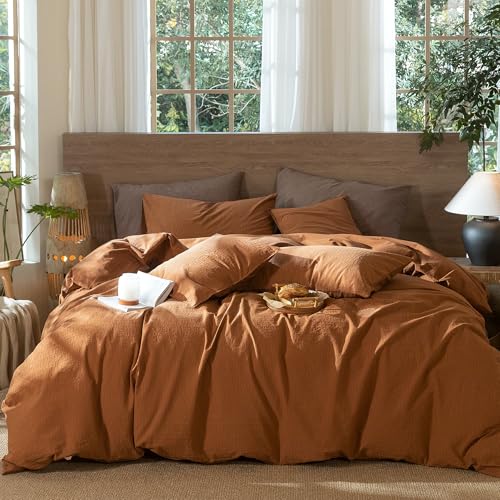 Image of MooMee Wavy Striped Duvet Cover Set 100% Washed Cotton Linen Like Textured Breathable Durable Soft Comfy (Dark Orange, Queen 90 inchx90 inch)