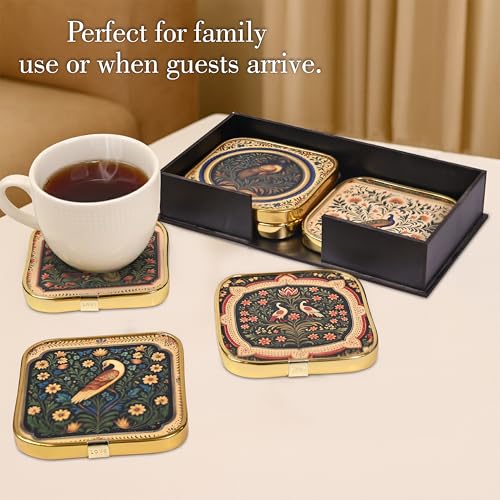 Image of Rousrie Stylist Modern Wooden Coasters with Golden Border | Set of 6 | Stand Included Premium Handmade Coaster for Tea Cups, Coffee Mugs, Beer Mugs, 10 by 10 cm (Madhubani Pattern)
