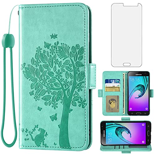 Asuwish Compatible with Samsung Galaxy J3 2016/J 3 V/J36V/Sky/Amp Prime Wallet Case Tempered Glass Screen Protector Flip Card Holder Cell Phone Cover for Glaxay Sol J3V JV3 J36 6 J320V J320A Green