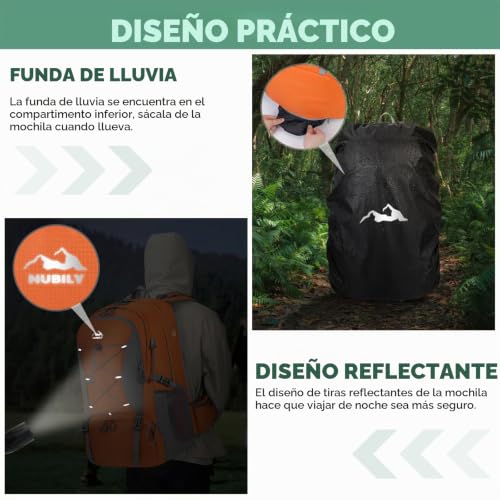 Miniatura 6 de Nubily Mochila Senderismo Hombre Impermeable 50l Mochilas Marcha Mujer Mochila De Camping Al Aire Libre De Moda Mochila De Viaje Ligera Naranja