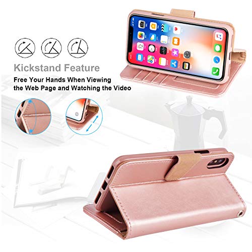 Arae Iphone X/Xs Premium Pu Leather Flip Cover Wallet Case (Rose Gold) With 3 Pack Ultra-Thin Hd Tempered Glass Screen Protectors, 5.8 Inch #TOP3