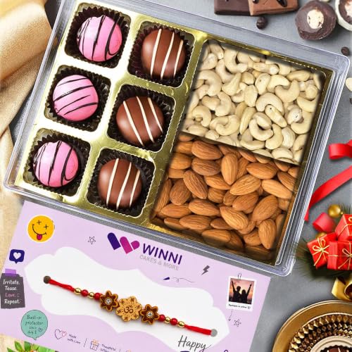 Image of WINNI - Lavish 6 Pcs Truffle Chocolate + Almond & Cashew DryFruits + Rakhi Pack | Belgian Dark Chocolate Gift | Rakhi Gift For Brother & Sister | Celebration Chocolate Gift Hamper | Rakhi Gift Box For Kids, Girls, Boys, Brother, Sister, Bhaiya, Bhabhi | Rakhi Gift Set | Chocolates Gift Bouquet | Imported Chocolate Gift | Return Gift