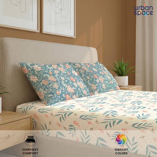 Image of Urban Space Divine 100% Cotton King Fitted Size Bedsheet, 144 TC Super Soft Elastic bedsheets for King Size Bed, Floral Design King bedsheet with 2 Pillow Covers (72 inch x 78 inch, Raina Blue)