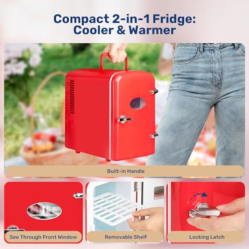 Image of Simple Deluxe Mini Fridge with Observation Window 6 Can Portable Cooler & Warmer Freon-Free Small Refrigerator, Compact Fridge for Skincare, Beverage, 4L with Window, Red