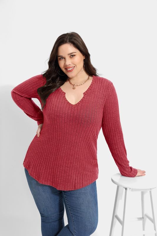 TIYOMI Plus Size Tops for Womens Lightweight Sweaters Long Sleeve Shirts Solid Round V Neck Tunics Casual Fall T Shirt XL-5XL - Image 2