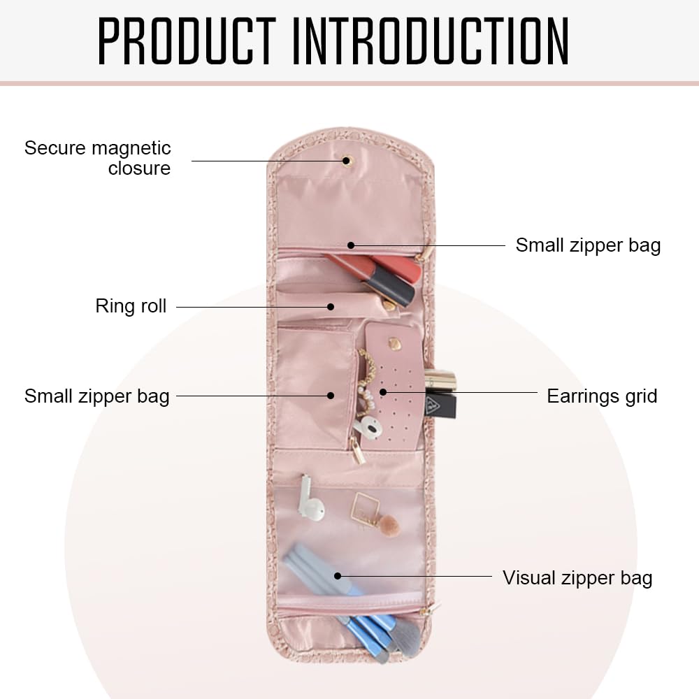 Bolsa de rodillos para joyas, organizador de viaje, piel sintética, almacenamiento para pendientes, rosa
