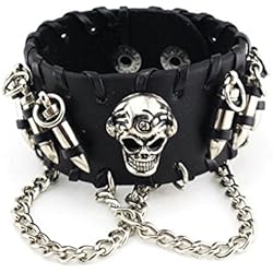 Pulseras Varoniles LAFATINA Calavera Cadena Pulsera de Piel Pulsera Hombres Ajustable Punk Gótico Hecho a Mano Pulsera de Cuerda de Cuero Pulsera de Balas