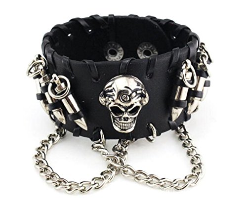 LAFATINA Calavera Cadena Pulsera de Piel Pulsera Hombres Ajustable Punk Gótico Hecho a Mano Pulsera de Cuerda de Cuero Pulsera de Balas Cover
