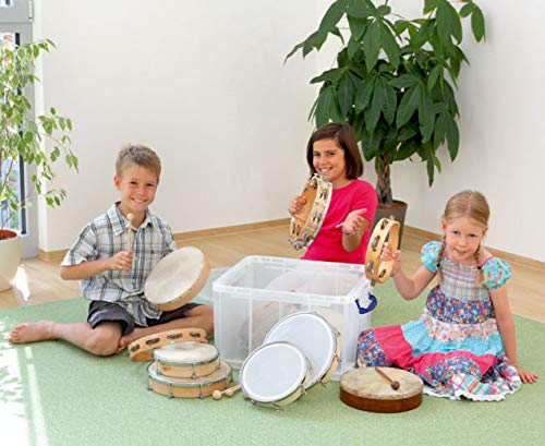 Betzold Musik - Trommel-Set mit 6 Trommeln, 4 Schellenringen und 4 Tamburin, kombiniert mit tollem Klang, Inklusive 1 Paar Holzschlägel, Musik-Unterricht Schule Kinder