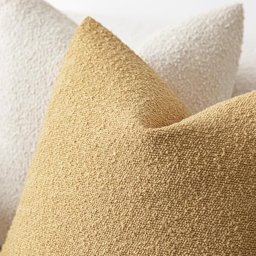 Image of Foindtower Set of 2, Decorative Textured Boucle Throw Pillow Covers Accent Solid Pillow Cases Neutral Couch Cushion Case for Chair Sofa Bedroom Living Room Home Decor 24x24 Inch Light Yellow