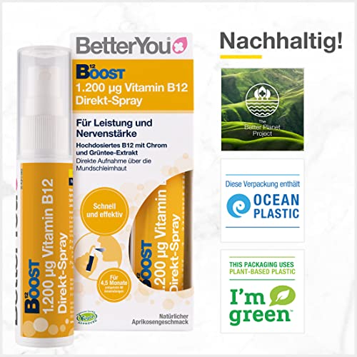 BetterYou Vitamin B12 Direkt-Spray - Zum Sprühen auf die Mundschleimhaut - Natürliches hochdosiertes Vitamin B12 mit Chrom und Grüntee-Extrakt - Schnell & effektiv - vegan, 25ml